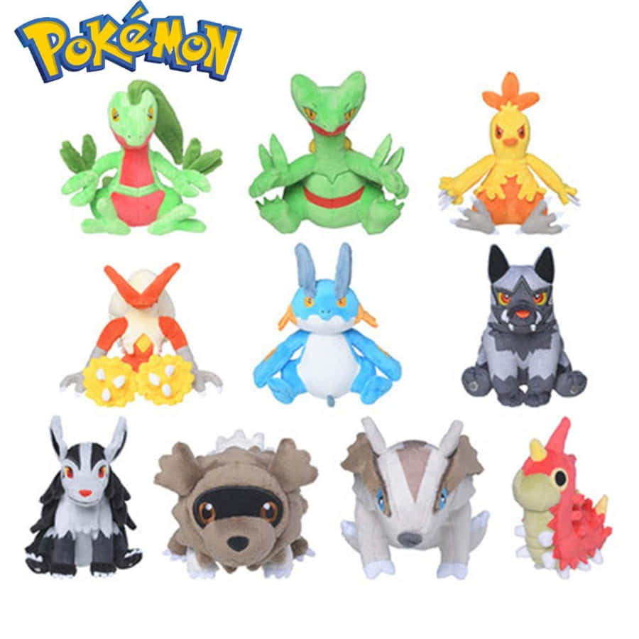 Sceptile 桌布 壁紙 — 九個色彩繽紛的寶可夢絨毛玩偶在純白背景上以網格排列。