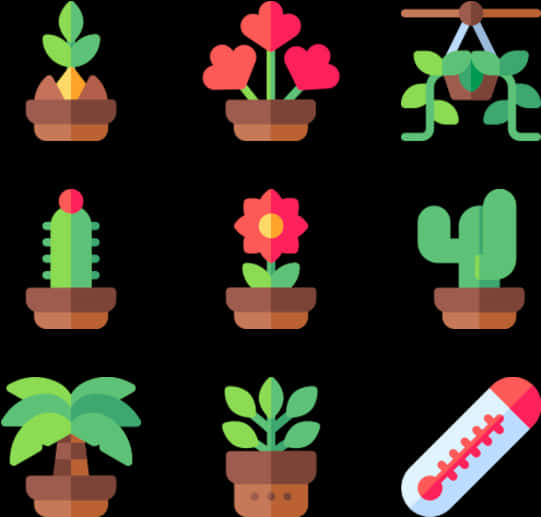Flower Pot 桌布 壁紙 — 九個色彩繽紛的扁平風格盆栽植物和一個溫度計排列在黑色背景上。