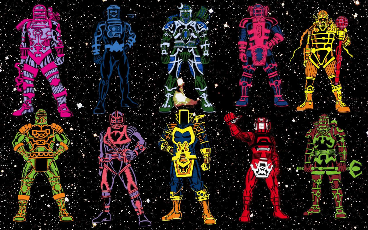Celestials 桌布 壁紙 — 九個色彩鮮豔的裝甲戰士站在星空中，每個都有獨特的幾何圖案和鮮明的色調，映襯著宇宙的黑暗。