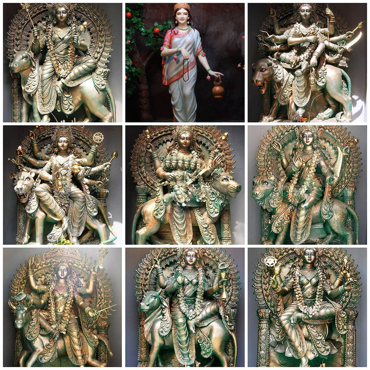 Durga 桌布 壁紙 — 九個華麗青銅雕像的拼貼畫，描繪印度教女神杜爾迦以多臂多武器騎乘獅子或老虎的各種動態姿勢。