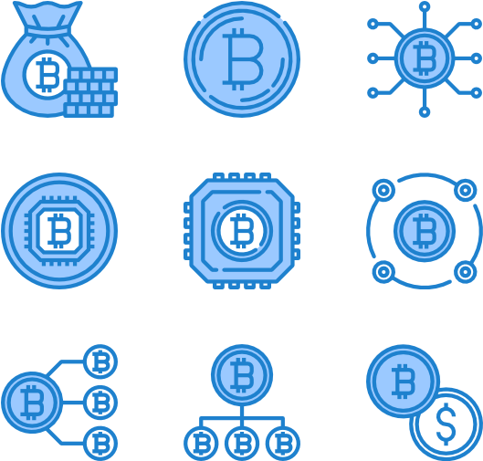 Symbols 桌布 壁紙 — 九個藍色比特幣圖標，採用各種數位和金融設計，背景為黑色。
