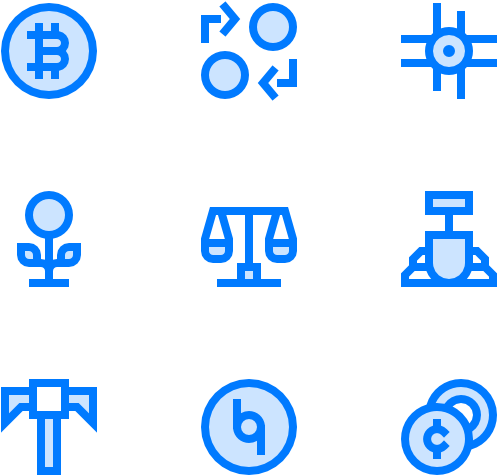 Cryptocurrency 桌布 壁紙 — 九個藍色金融和科技圖標在黑色背景上，包括比特幣天秤和硬幣。
