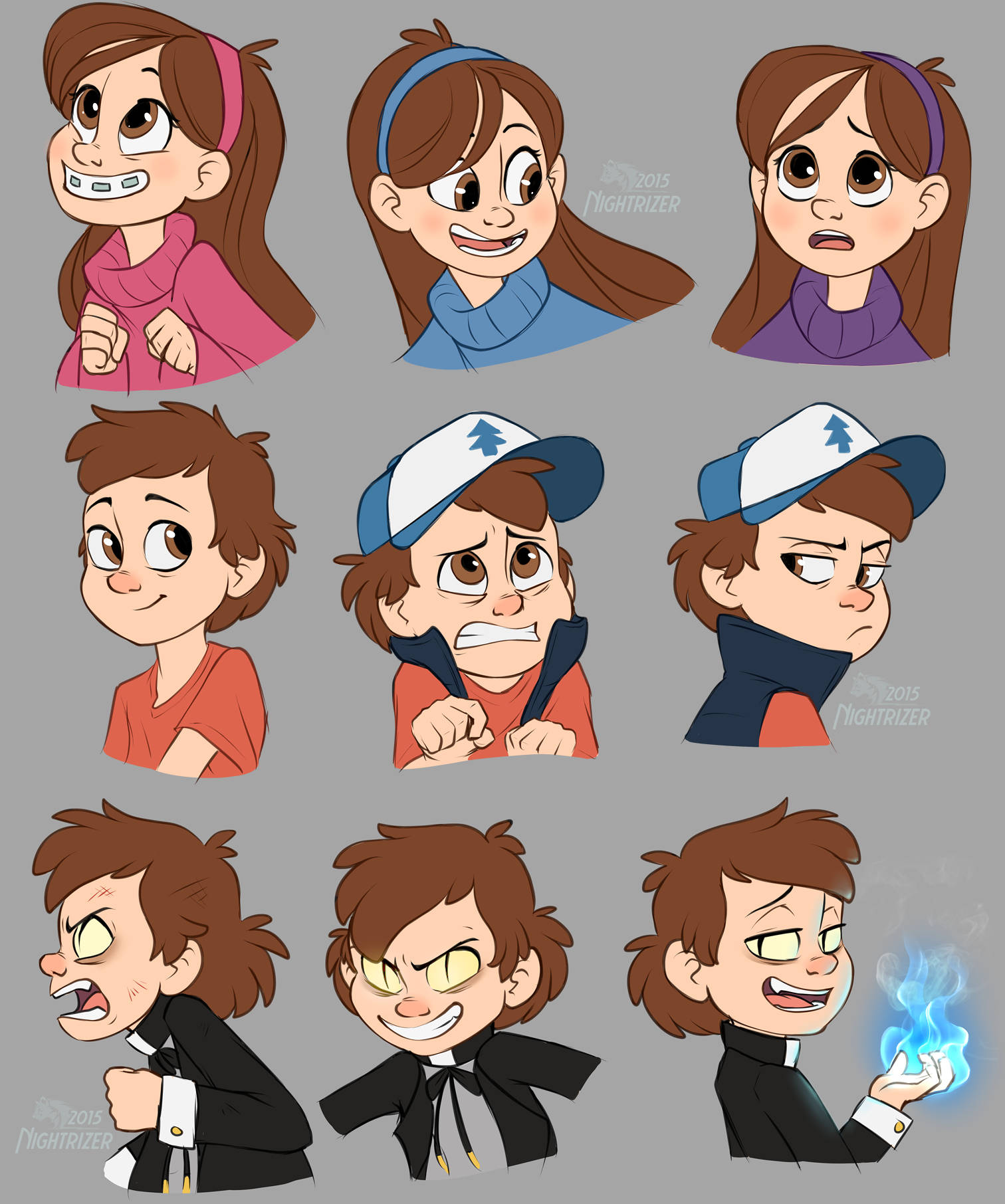 dipper pines 桌布 壁紙 — 九個表情豐富的卡通人物肖像，在純灰色背景上展示從快樂到憤怒的各種情緒。