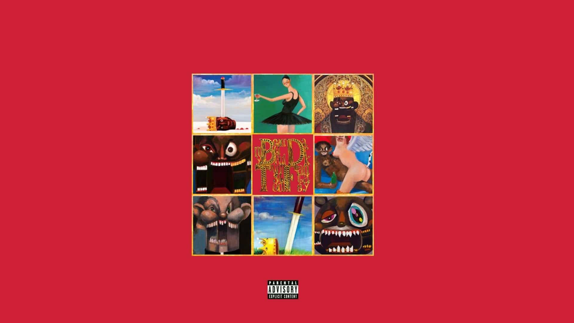 kanye west android 桌布 壁紙 — 九個超現實且風格化的插圖網格，背景為純紅色，包含芭蕾舞者、怪物和象徵性圖像。