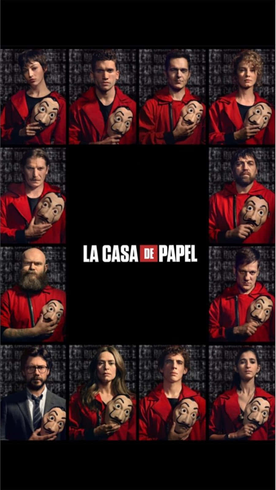Money Heist Mask 桌布 壁紙 — 九個身穿紅色連身衣的角色手持達利面具，背景為重複圖案，節目名稱置中。