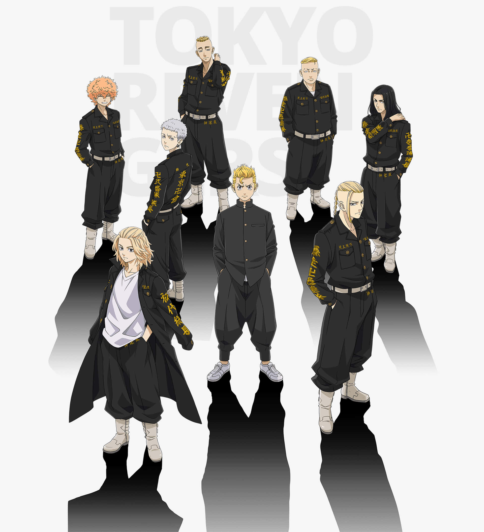 Manjiro 桌布 壁紙 — 九個身穿黑色制服、帶有金色字樣的動漫角色，在帶有戲劇性陰影的純色背景前自信地站立。