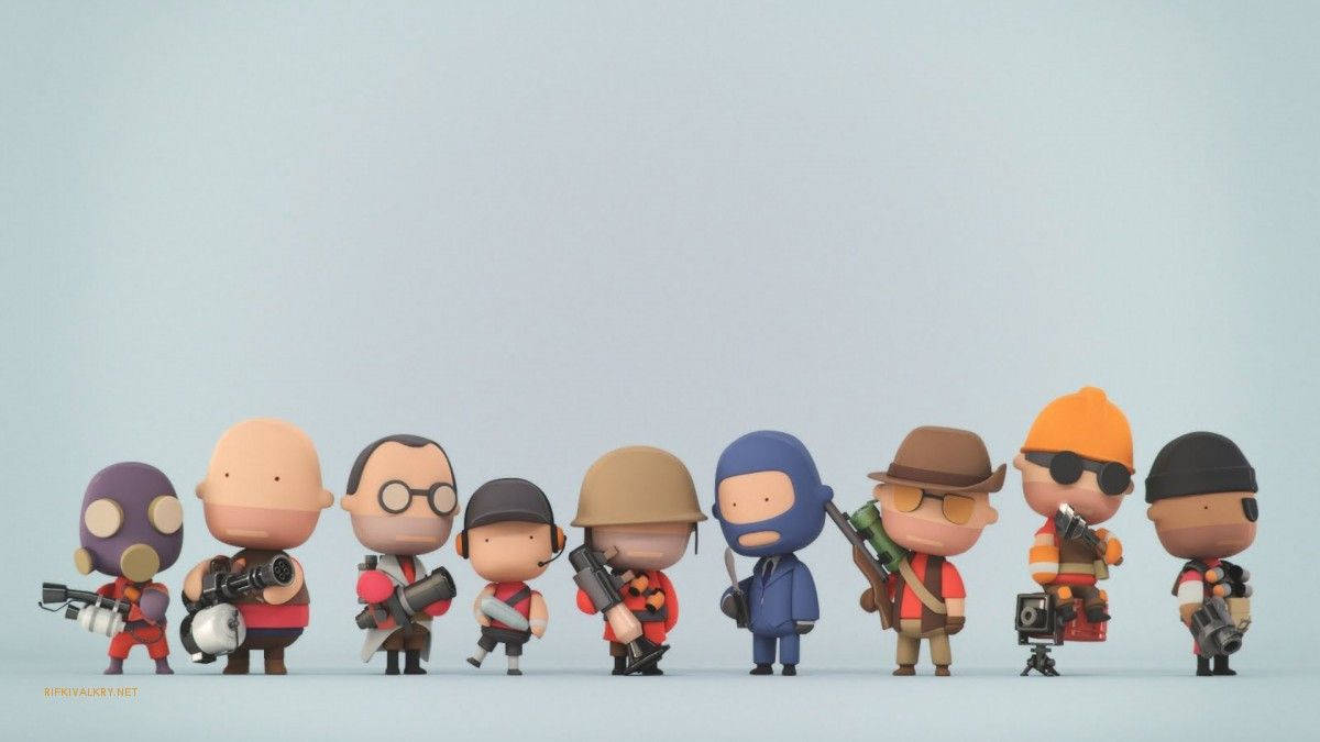 Tf2 桌布 壁紙 — 九個風格化的卡通士兵，裝備各異，排列在純淺藍色背景前。