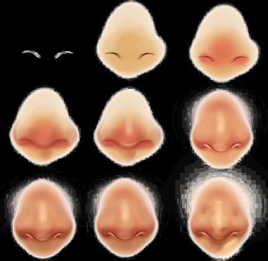 Nose 桌布 壁紙 — 九個風格化的卡通鼻子，帶有不同程度的紅暈和表情，以網格排列在黑色背景上。