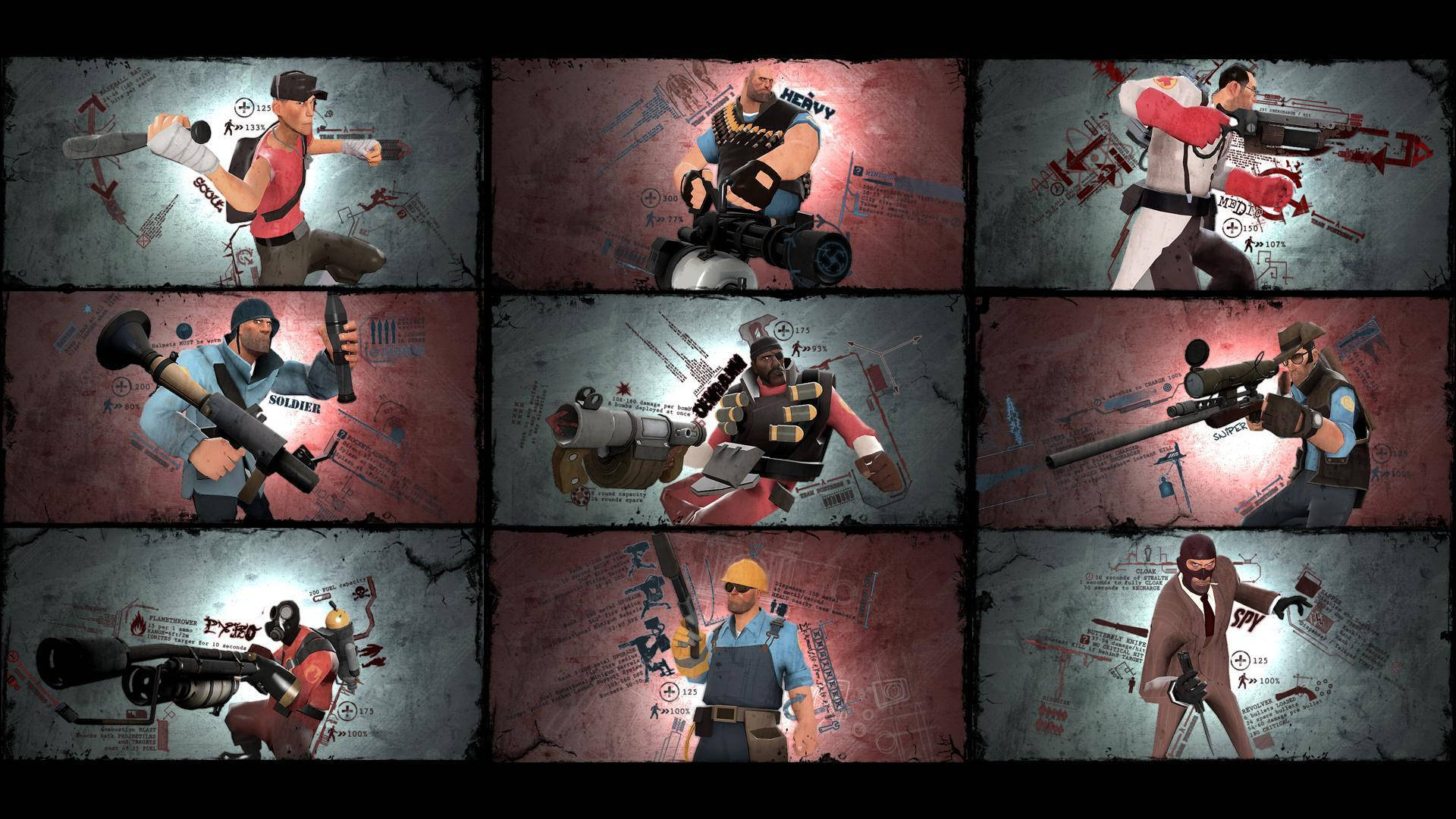 Tf2 桌布 壁紙 — 九個風格化的電子遊戲角色，手持武器擺出戰鬥姿勢，背景粗糙有紋理。