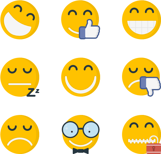 Emoticon 桌布 壁紙 — 九個黃色表情符號圖標，表情和配件各異，排列在黑色背景的網格中。