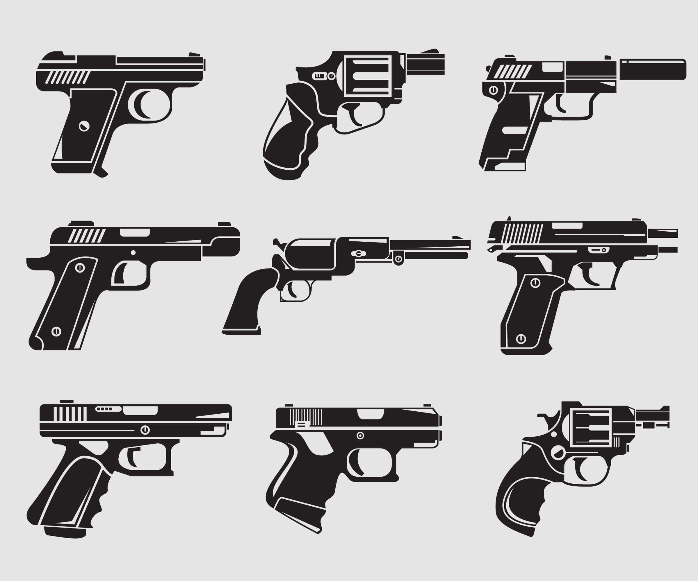guns 桌布 壁紙 — 九個黑色手槍剪影排列在淺灰色背景上的網格中。