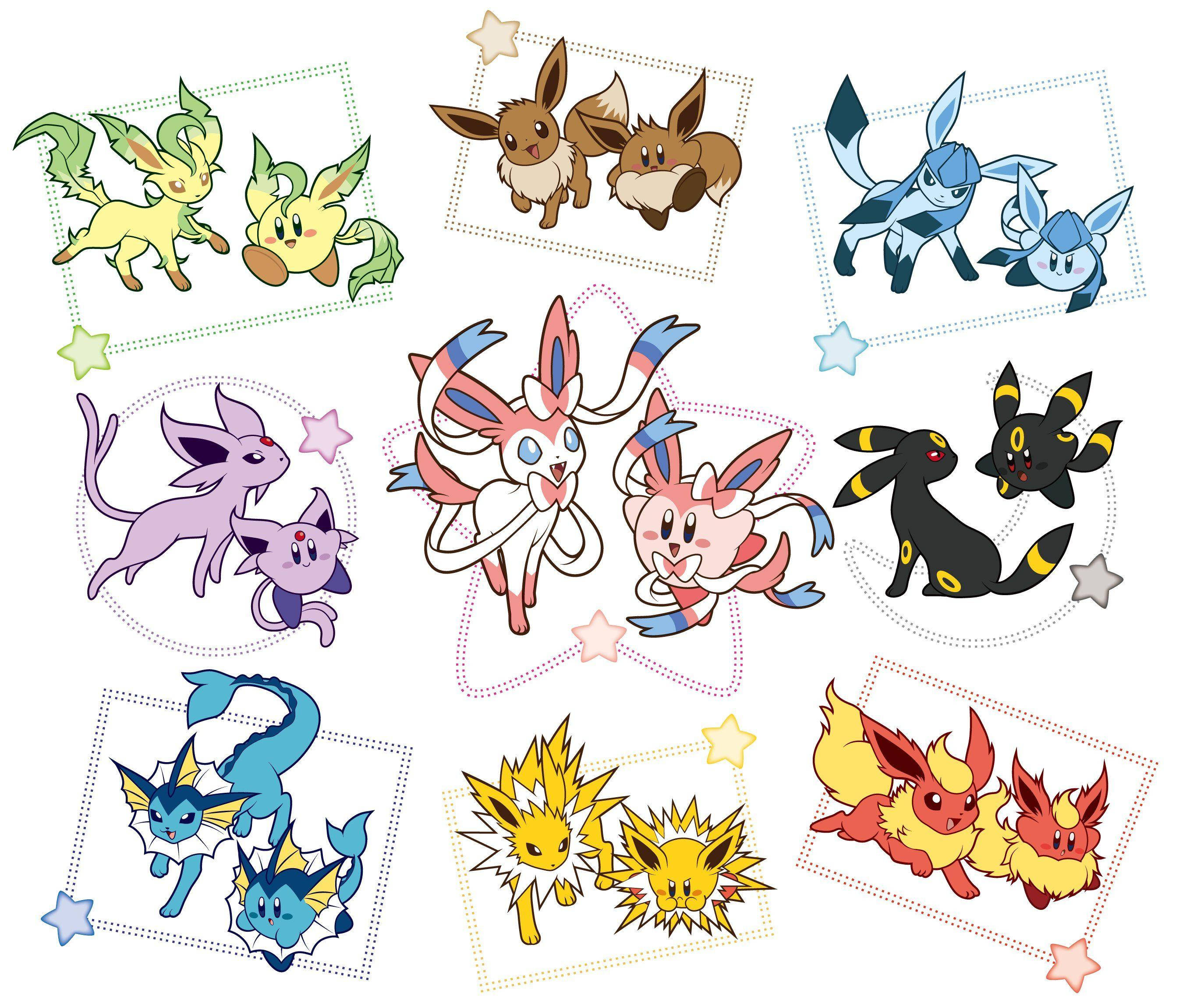 動漫 桌布 壁紙 — 九對色彩繽紛的 Pokémon Eeveelutions 以可愛卡通風格呈現，每對分別置於帶有星星裝飾的點狀邊框中。