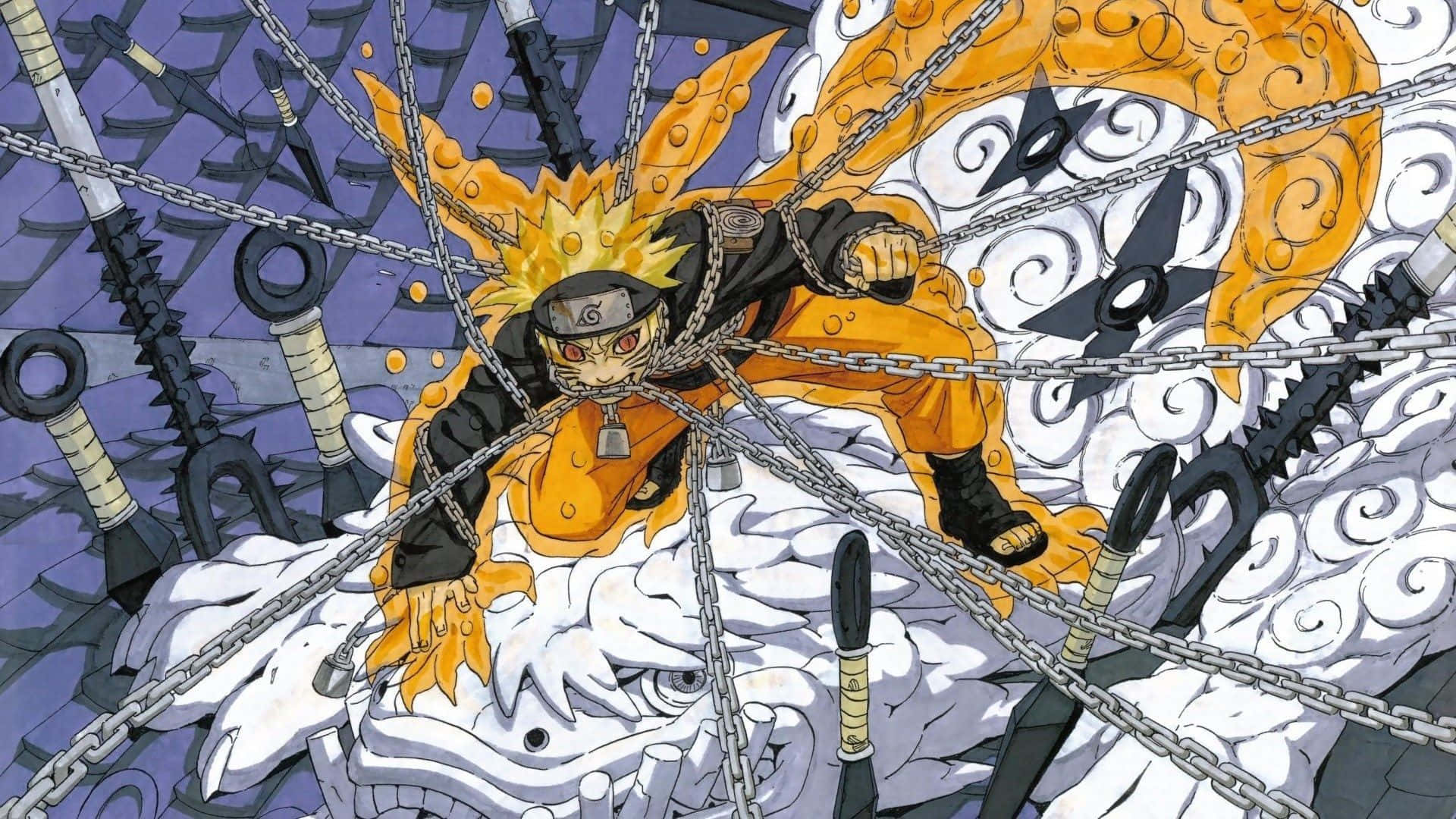 Naruto Nine Tails 桌布 壁紙 — 九尾查克拉模式的鳴人被鎖鏈纏繞，在旋轉的紫色背景中被苦無和手裏劍包圍。