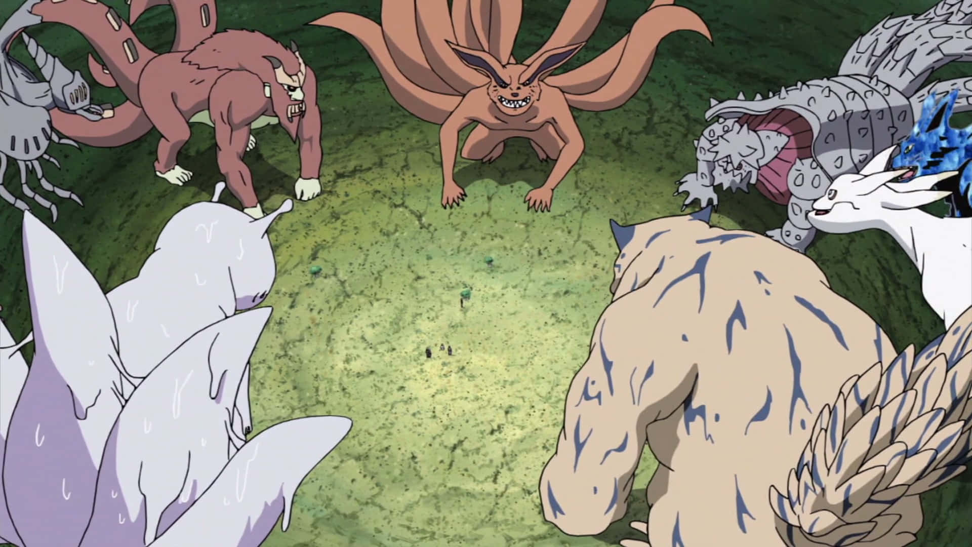Tailed Beasts 桌布 壁紙 — 九尾狐以不同的顏色和標記，圍繞著一個龜裂的戰場站成一個圓圈。