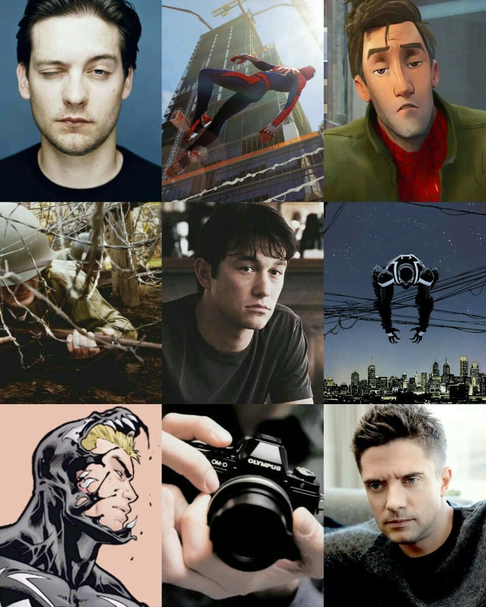 Flash Thompson 桌布 壁紙 — 九幅不同肖像和場景的拼貼畫， featuring 演員和角色在各種環境和風格中。