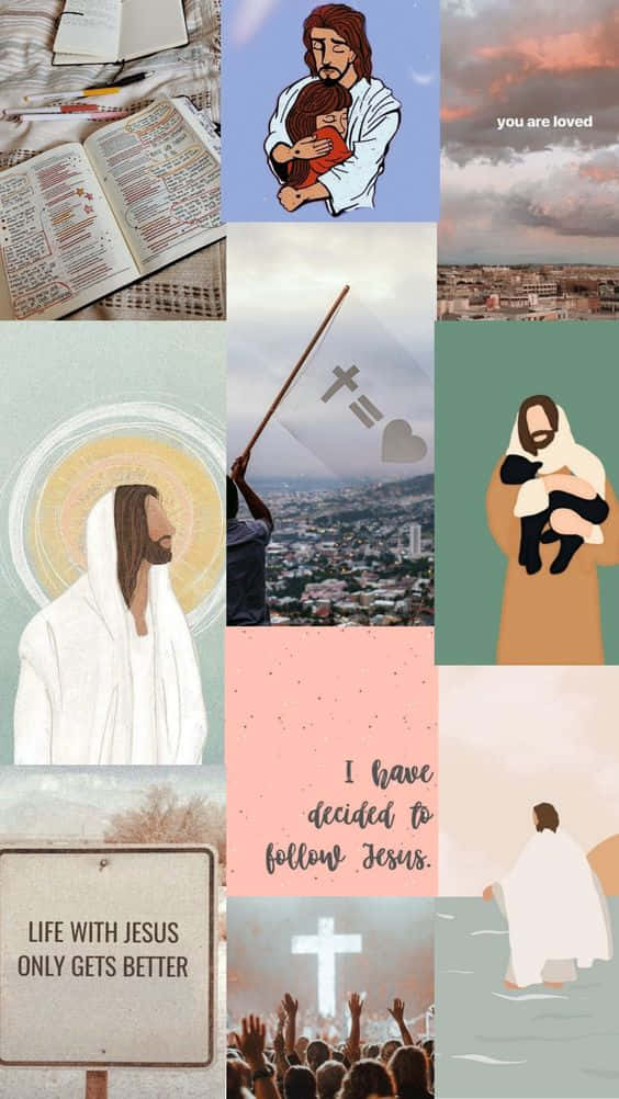 Aesthetic Jesus 桌布 壁紙 — 九幅基督教插圖和照片的拼貼畫，包含耶穌、經文引用和敬拜場景，採用柔和粉彩色調。