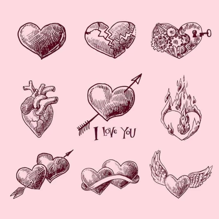 Cartoon Heart 桌布 壁紙 — 九幅手繪心形插圖，以深色墨水繪於粉紅色背景上，描繪愛情主題，如破碎的心、解剖學和翅膀。