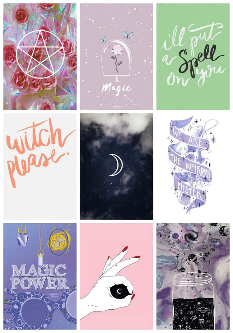 Witchy Phone 桌布 壁紙 — 九幅神秘插圖的拼貼畫，包含五角星、玫瑰、月亮和女巫文字，採用柔和及鮮豔的色彩。
