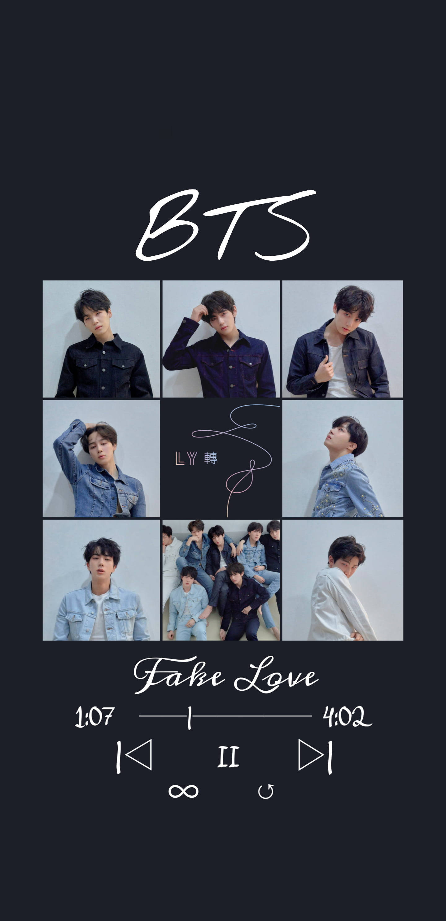BTS 桌布 壁紙 — 九張BTS成員身穿牛仔服裝的肖像照片，在深色背景上以網格排列，附有專輯標題和時間戳。