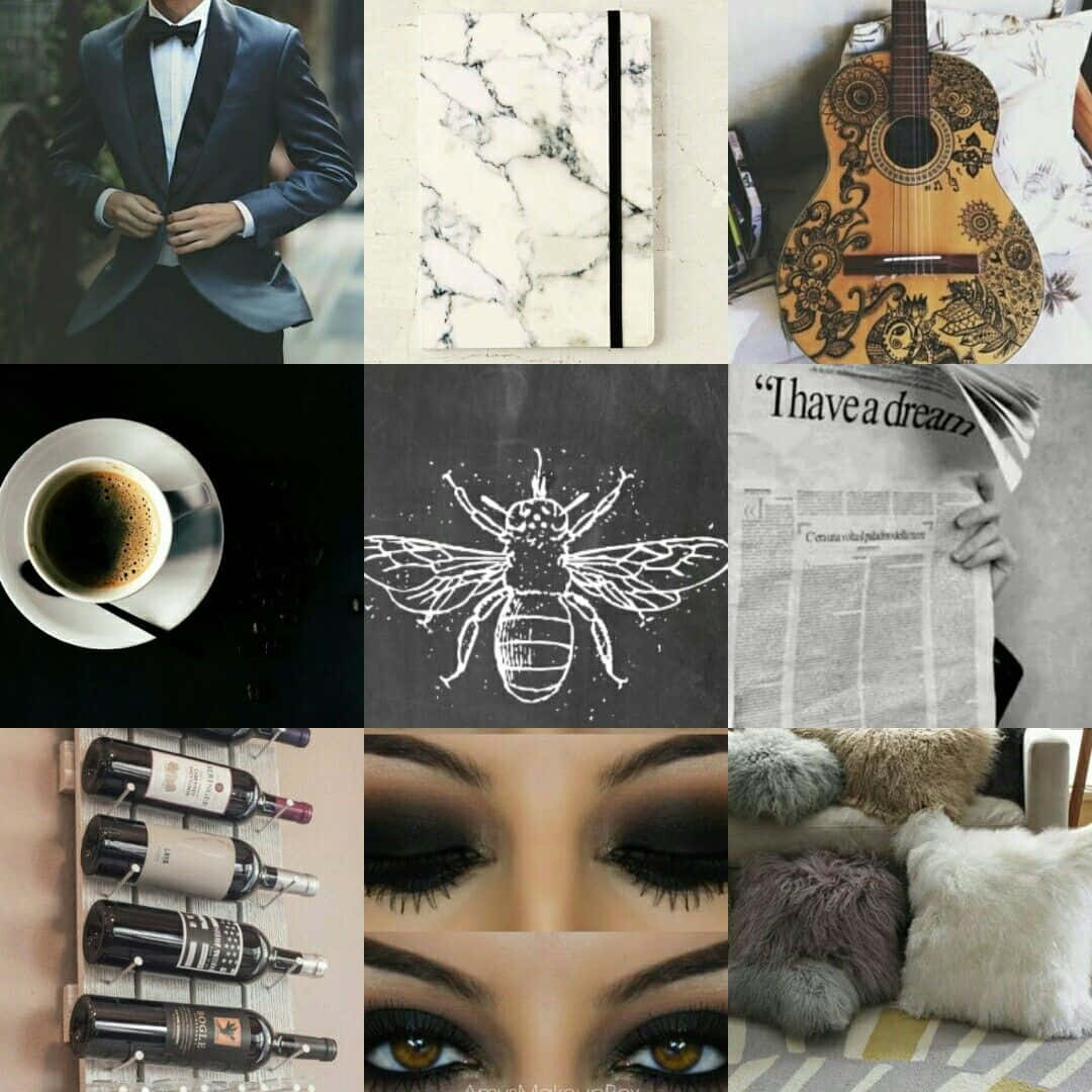 Capricorn Aesthetic 桌布 壁紙 — 九張不同圖片的拼貼：穿燕尾服的新郎、大理石筆記本、華麗吉他、咖啡杯、粉筆蜜蜂、報紙引言、酒架、特寫眼睛和蓬鬆枕頭。