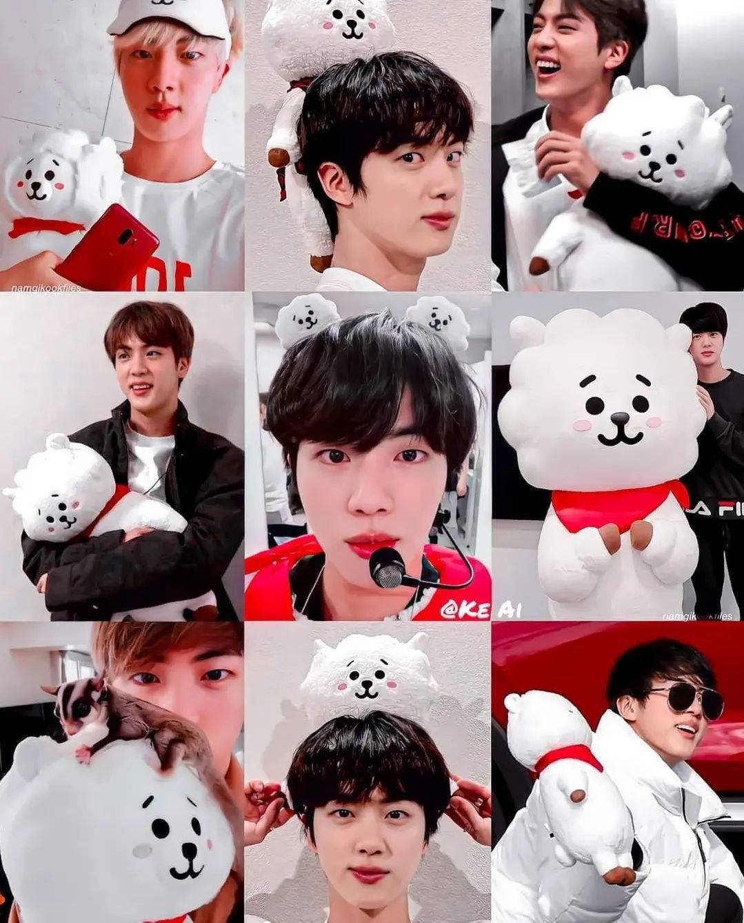 BTS 美學 桌布 壁紙 — 九張年輕男性在各種室內環境中與白色毛絨BT21絨毛玩具合影的照片。