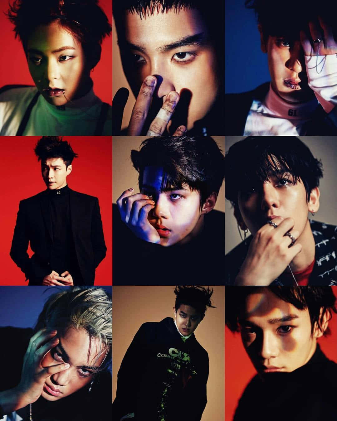 EXO 桌布 壁紙 — 九張年輕男性在鮮豔的紅色、藍色和黑色背景前，以強烈燈光和富有表現力的姿勢拍攝的戲劇性特寫肖像。