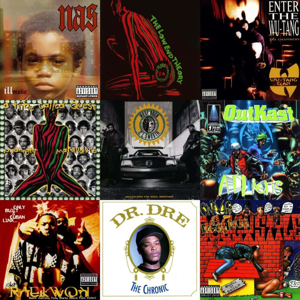Hip Hop Album Covers 桌布 壁紙 — 九張標誌性嘻哈專輯封面的拼貼， featuring 藝術家如 Nas、Wu-Tang Clan 和 Dr. Dre，具有大膽的圖形設計和鮮豔色彩。