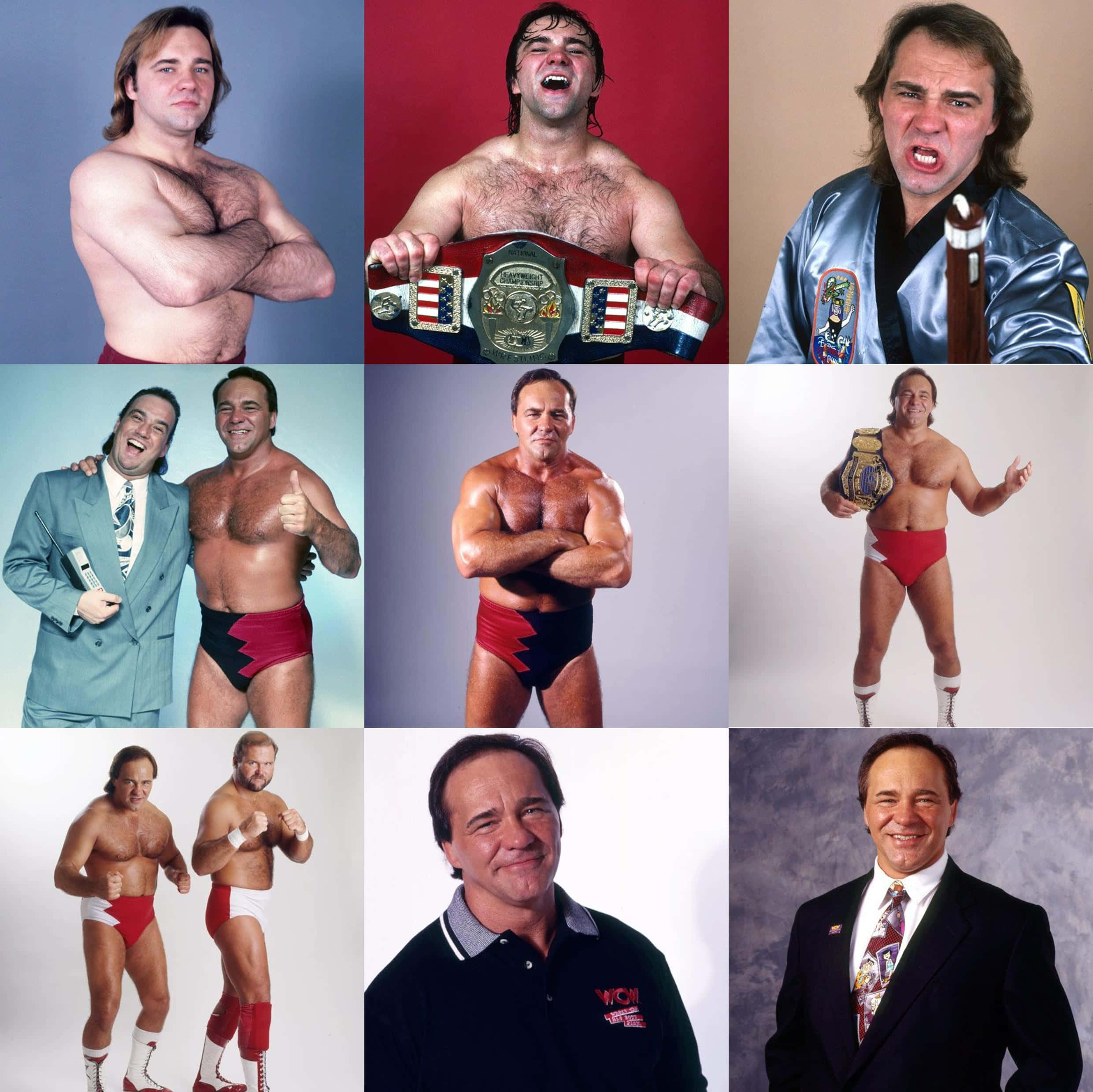 摔角 桌布 壁紙 — 九張照片的拼貼，展示職業摔角手 Bret Hart 的各種姿勢和服裝，包括摔角短褲、冠軍腰帶和西裝。