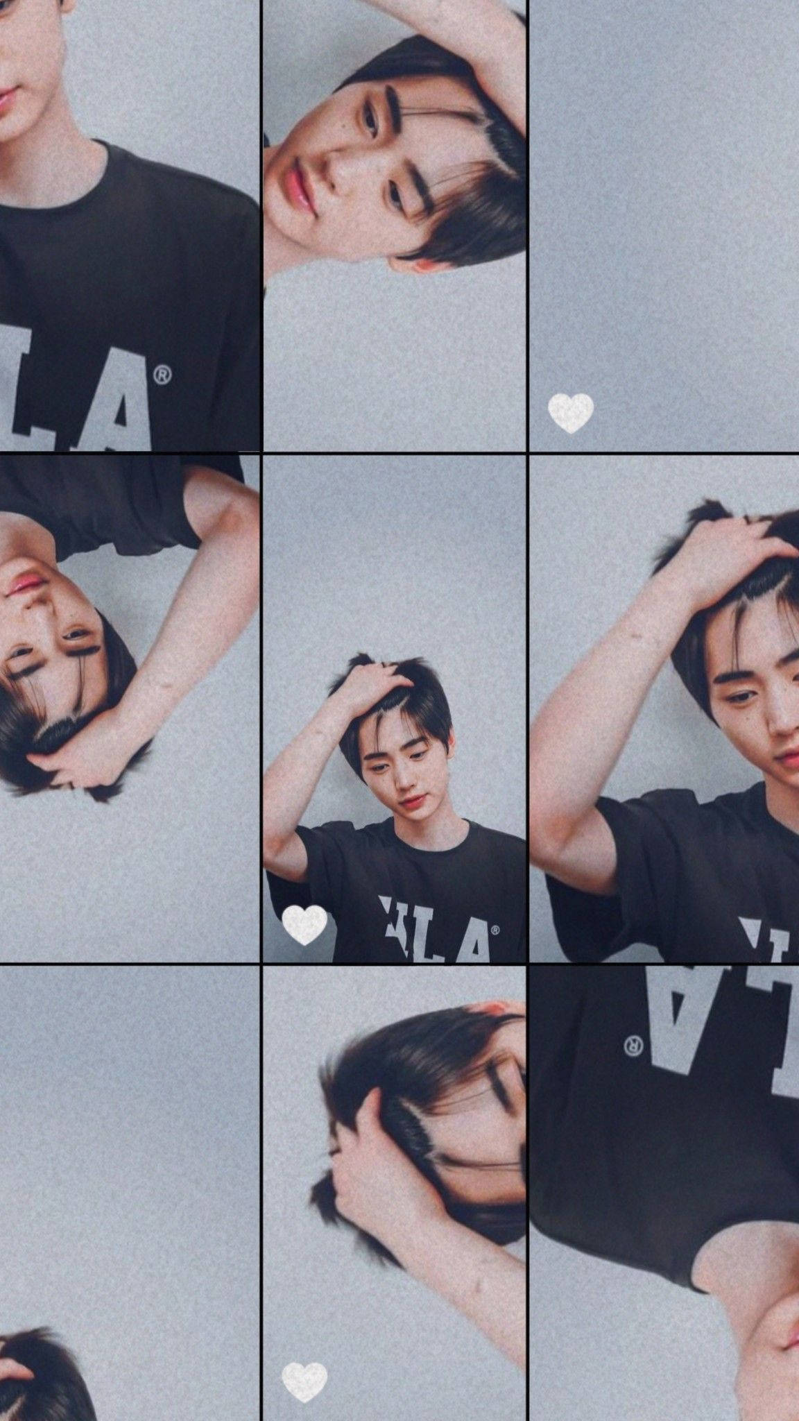 Enhypen Aesthetic 桌布 壁紙 — 九張照片的網格，顯示一名身穿黑色T恤的年輕男子在純灰色背景前將手放在頭髮中擺姿勢。