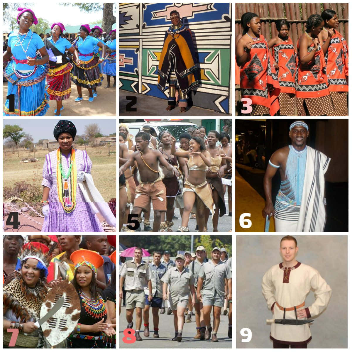 African Culture 桌布 壁紙 — 九張照片的鮮豔拼貼，展示不同文化群體穿著傳統服飾跳舞和擺姿勢拍照。