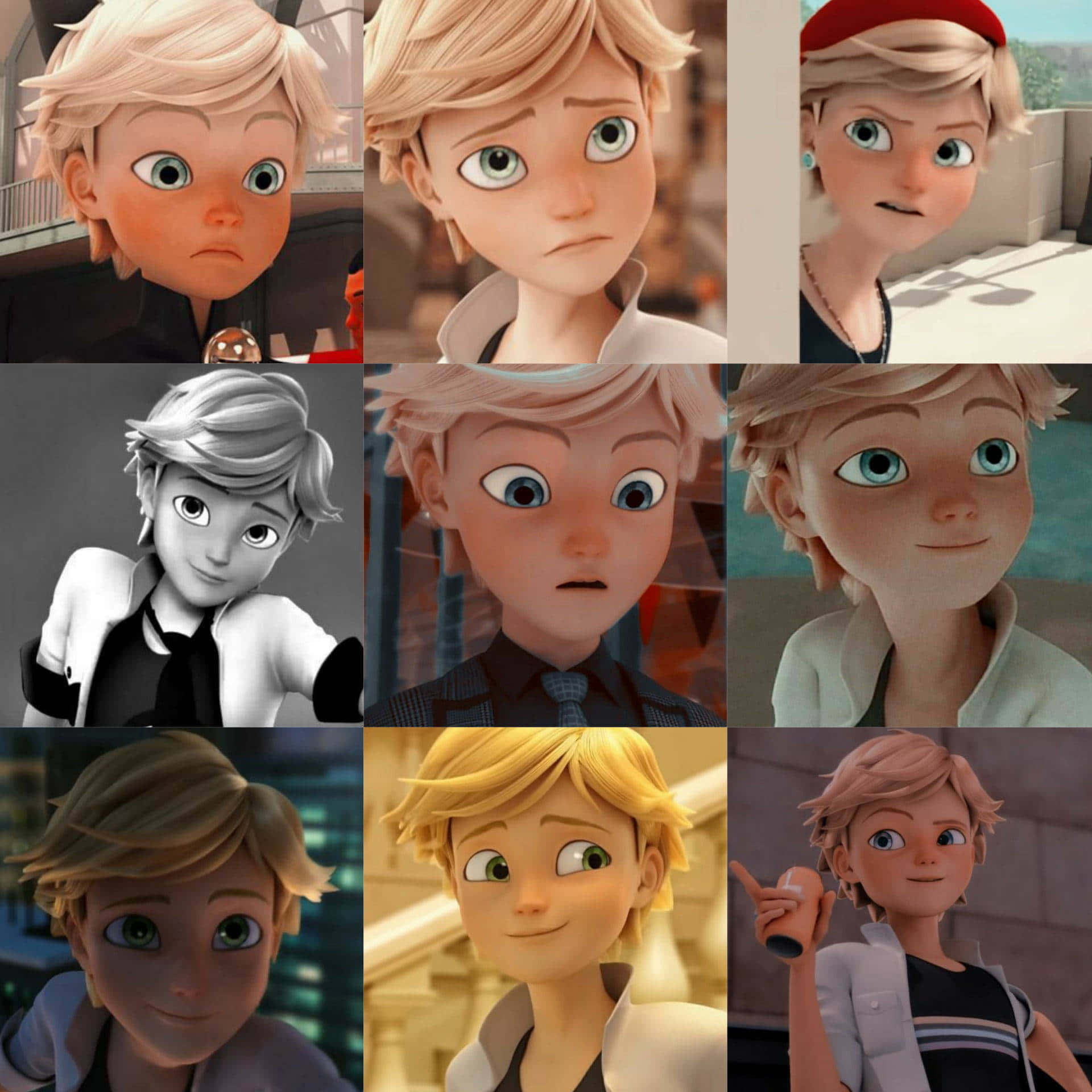 Miraculous Ladybug Adrien 桌布 壁紙 — 九張表情豐富的年輕動畫男孩近距離照片拼貼，金髮藍眼，穿著不同服裝，展現不同心情。