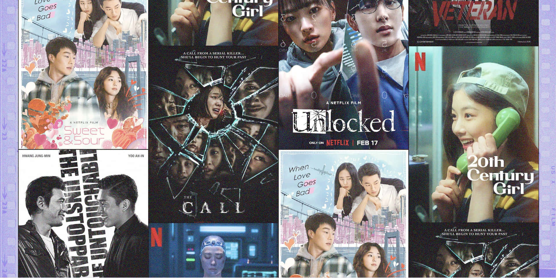 電影動圖 桌布 壁紙 — 九張韓國Netflix電影海報的拼貼，包含戲劇性角色和驚悚主題，搭配粗體字體。