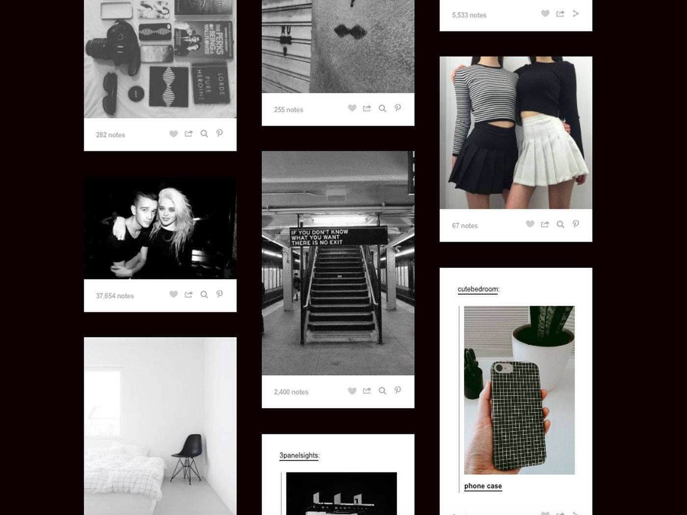 Tumblr 桌布 壁紙 — 九張黑白照片的拼貼，展示多種場景，包括臥室、地鐵樓梯、手機殼和擺姿勢的人們。