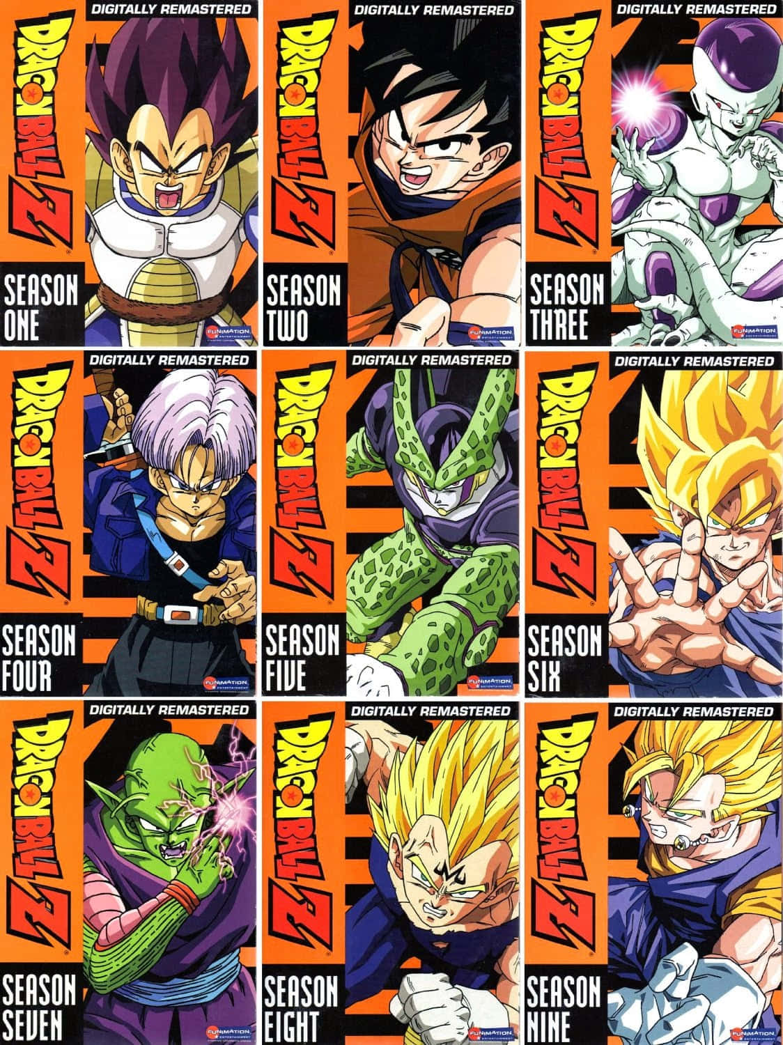Dbz Movies 桌布 壁紙 — 九張龍珠Z季度海報，以悟空、達爾、弗利沙等標誌性角色在橙色背景上擺出動態姿勢為特色。