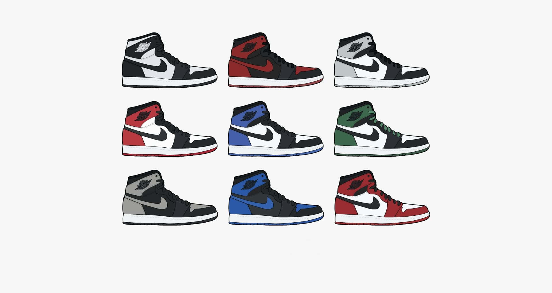Sneakers 桌布 壁紙 — 九款標誌性Air Jordan 1運動鞋以不同配色整齊排列在淺灰色背景的網格中。