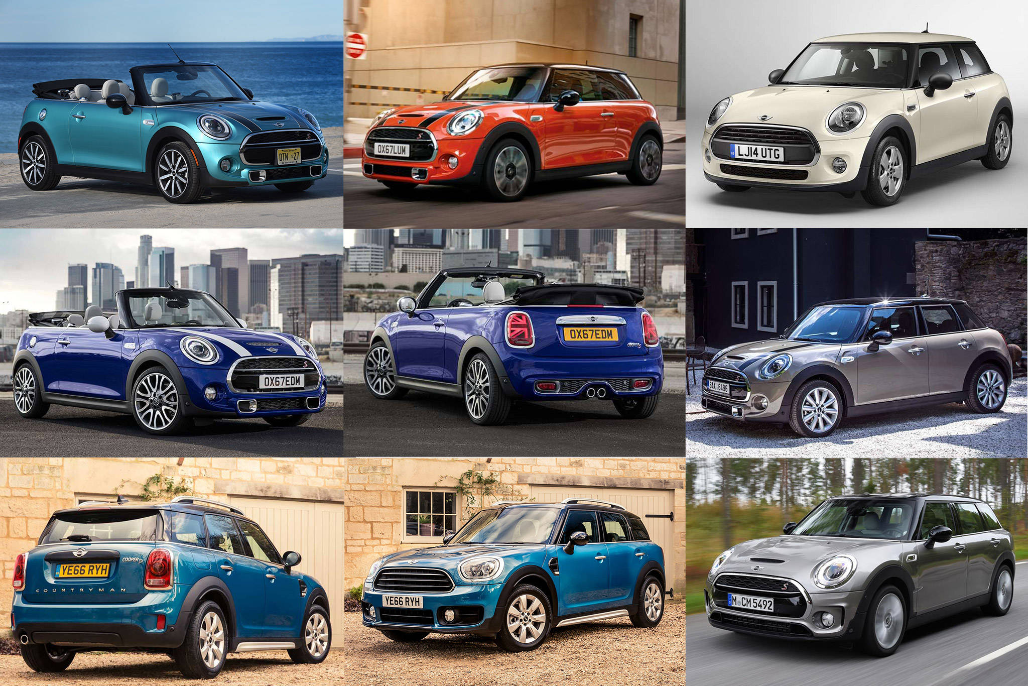 Mini 桌布 壁紙 — 九款色彩繽紛、風格各異的Mini Cooper車型，在城市景觀和開闊道路上展示。