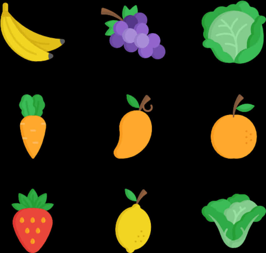 Fruits 桌布 壁紙 — 九種色彩繽紛的卡通水果和蔬菜，包括香蕉、葡萄、高麗菜、胡蘿蔔、芒果、柳橙、草莓、檸檬和青花菜，排列在黑色背景上。