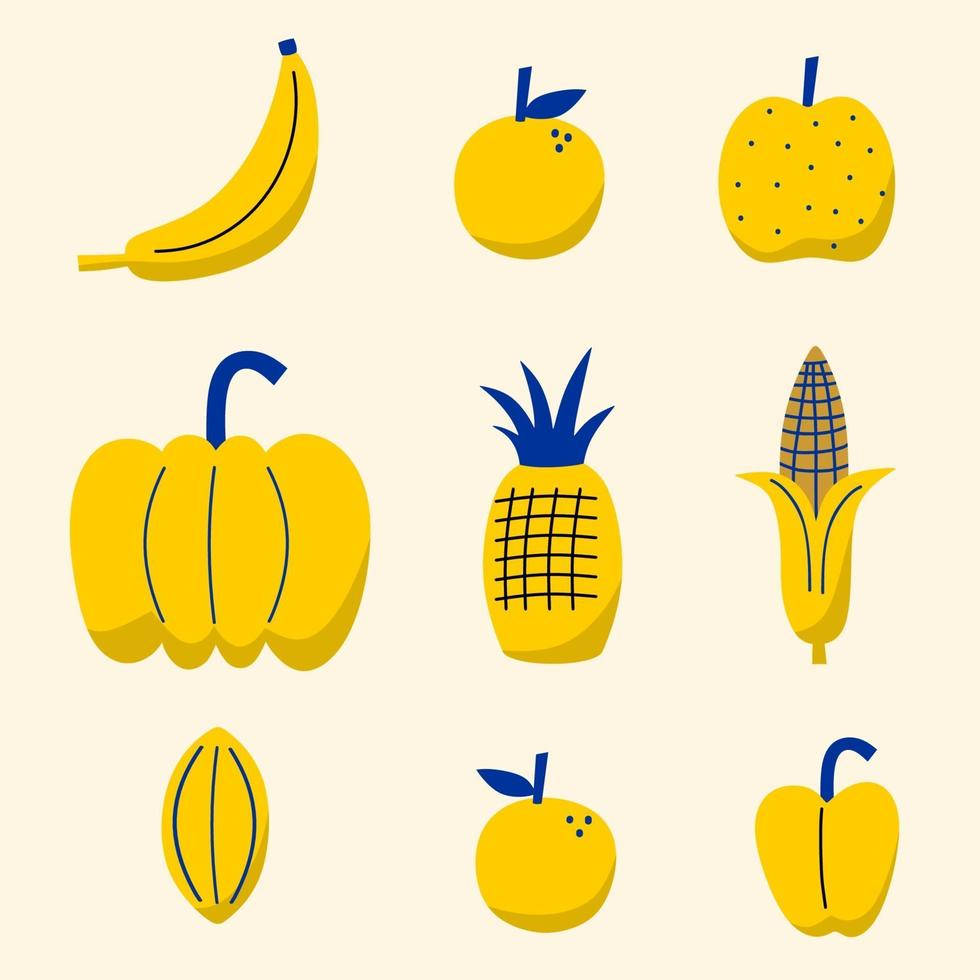 Fruit 桌布 壁紙 — 九種黃色水果和蔬菜，帶有藍色點綴，以網格排列在奶油色背景上。
