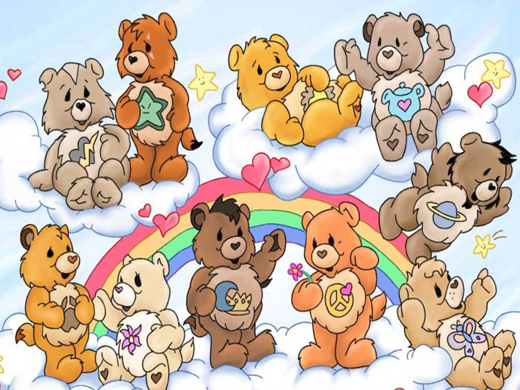 彩虹熊 桌布 壁紙 — 九隻 Care Bears 在彩虹上方的 fluffy 雲上愉快漂浮，手持愛與友誼的象徵。