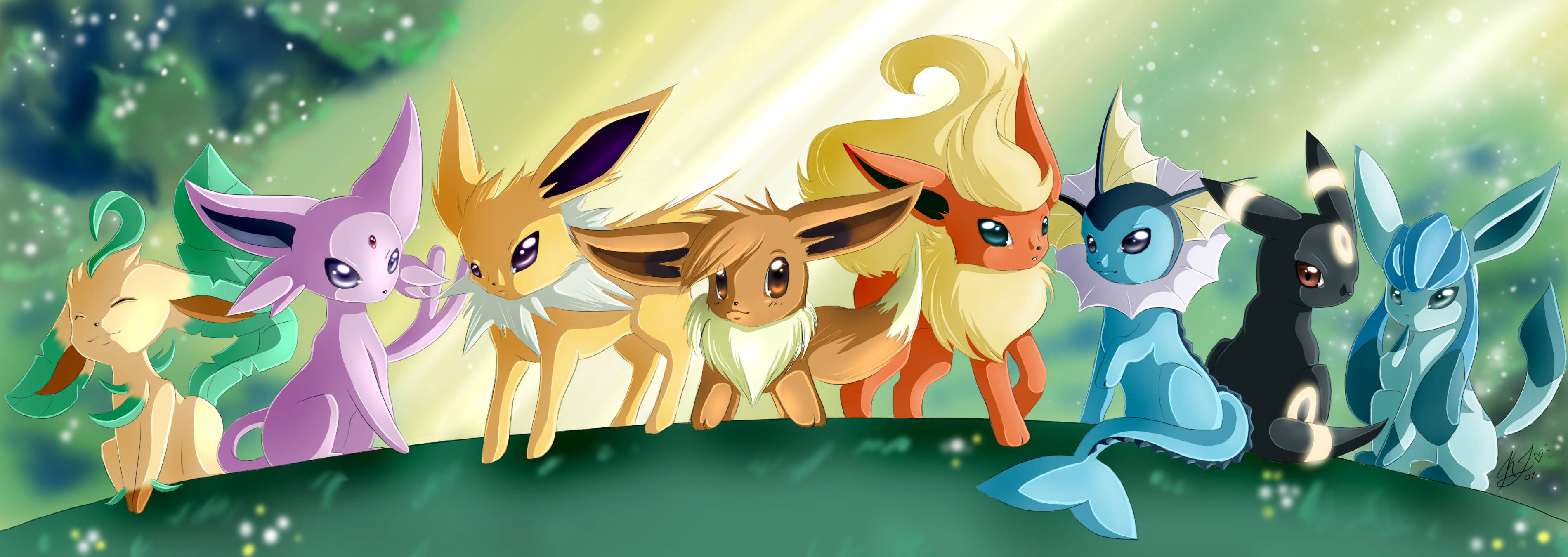 Glaceon 桌布 壁紙 — 九隻伊布進化型排成一排，站在發光的山丘上，天空翠綠耀眼，閃爍著粒子。