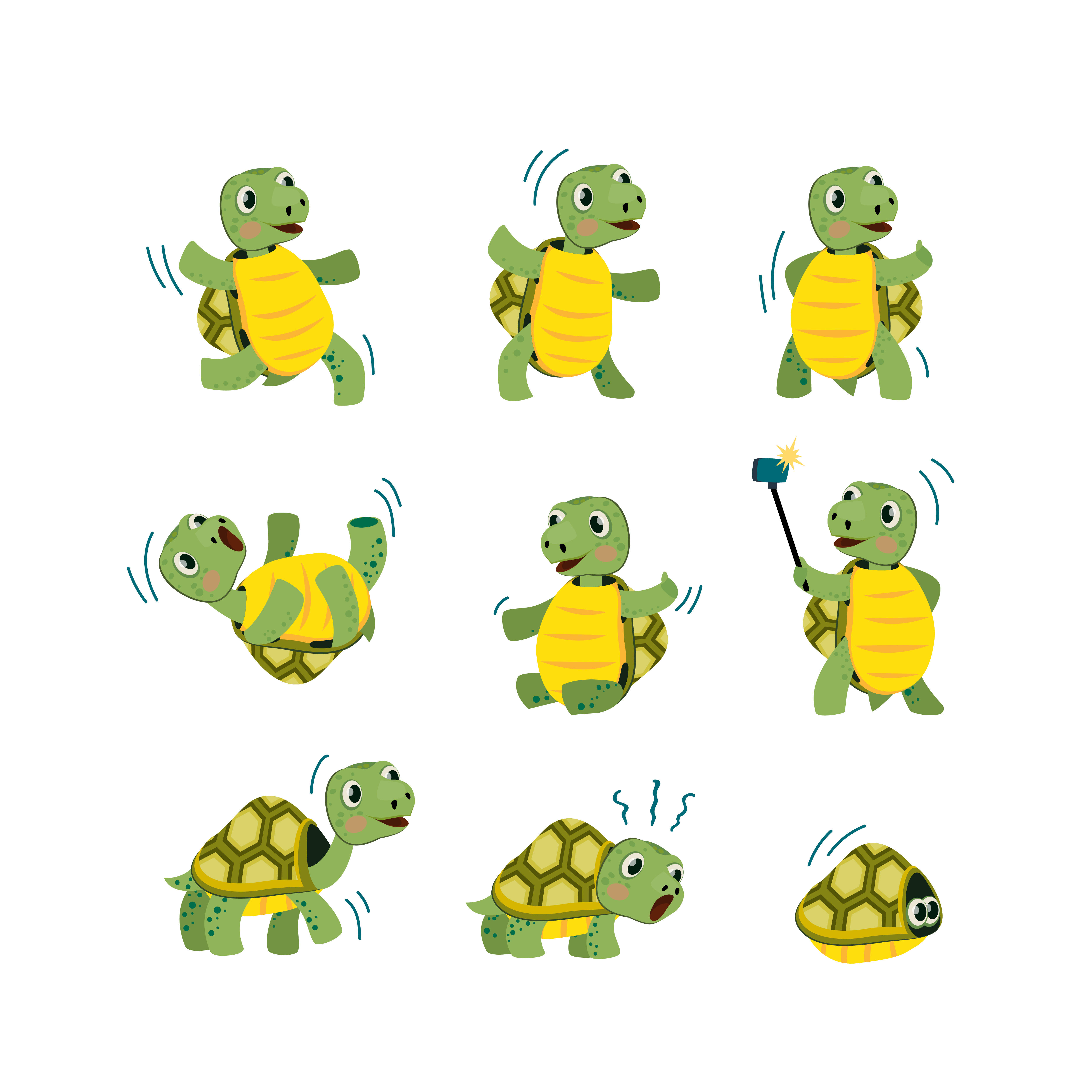Cartoon Turtle 桌布 壁紙 — 九隻卡通烏龜以各種俏皮姿勢出現，包括跳舞、自拍和翻筋斗，並帶有動作線條。