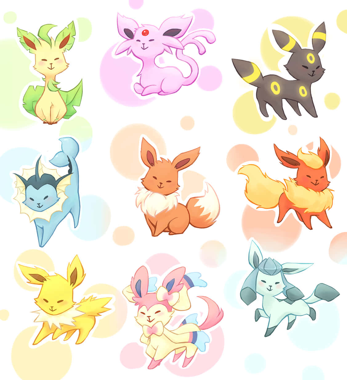 Pokemon Stickers 桌布 壁紙 — 九隻可愛的 Pokémon Eeveelutions 漂浮在柔和粉彩氣泡上，帶有柔軟圓潤的輪廓和開心的表情。
