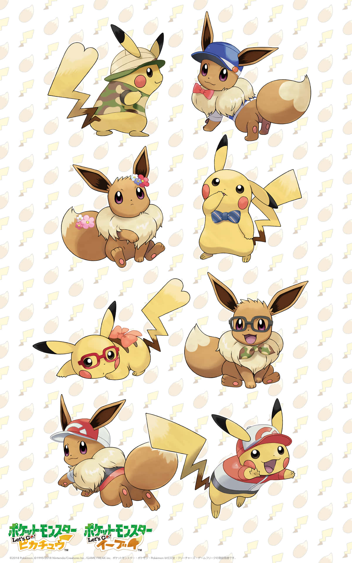 Cute Pikachu And Eevee 桌布 壁紙 — 九隻插圖風格的伊布進化型穿著可愛服裝，在圖案背景前愉快地擺姿勢。