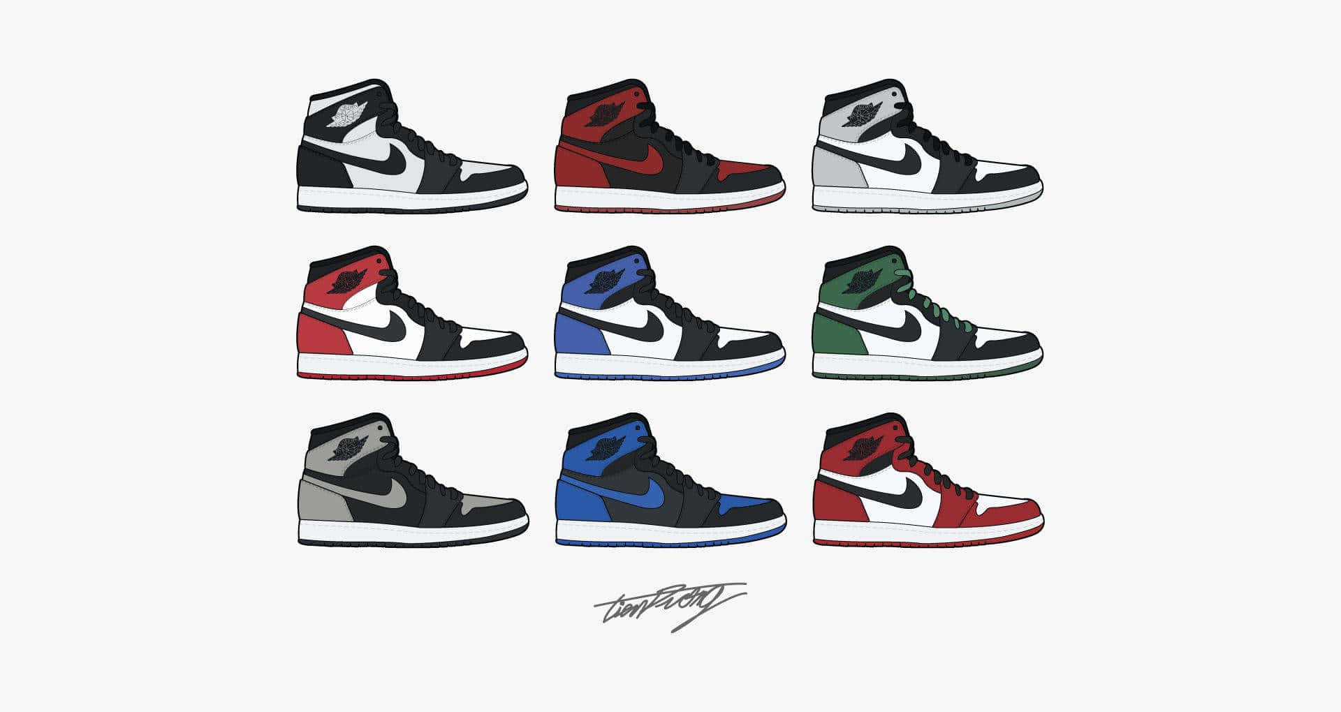 Air Jordan 1 桌布 壁紙 — 九雙標誌性 Air Jordan 1 運動鞋以鮮豔配色整齊排列在純白背景上。
