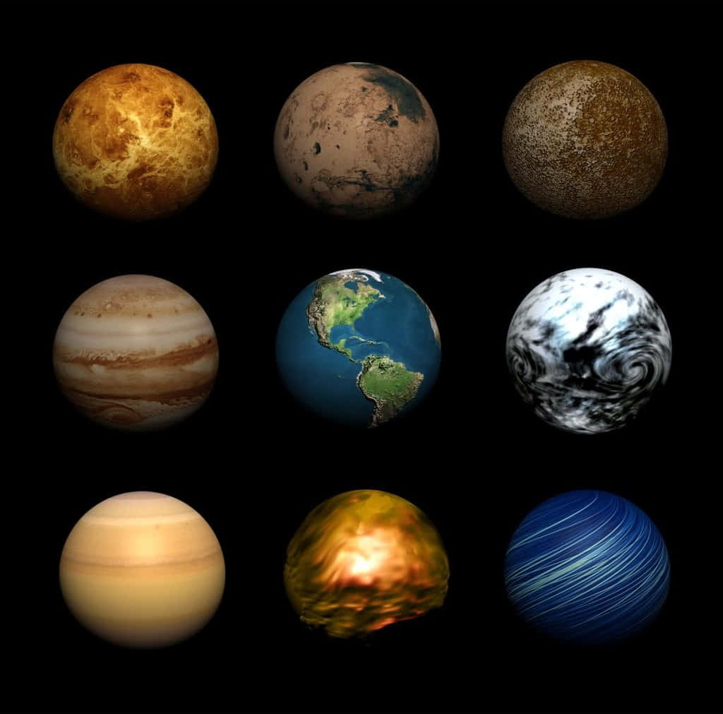行星動畫 桌布 壁紙 — 九顆行星以網格形式顯示在黑色太空背景上，每顆都展現獨特的表面紋理和顏色。