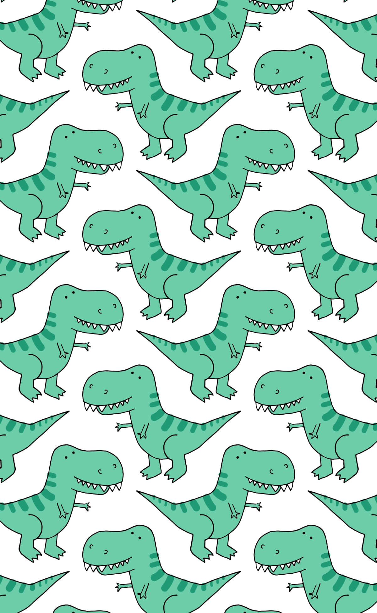 Cute Green Dinosaur 桌布 壁紙 — 乾淨白色背景上可愛的青綠色卡通T-Rex恐龍重複圖案，背部有條紋。