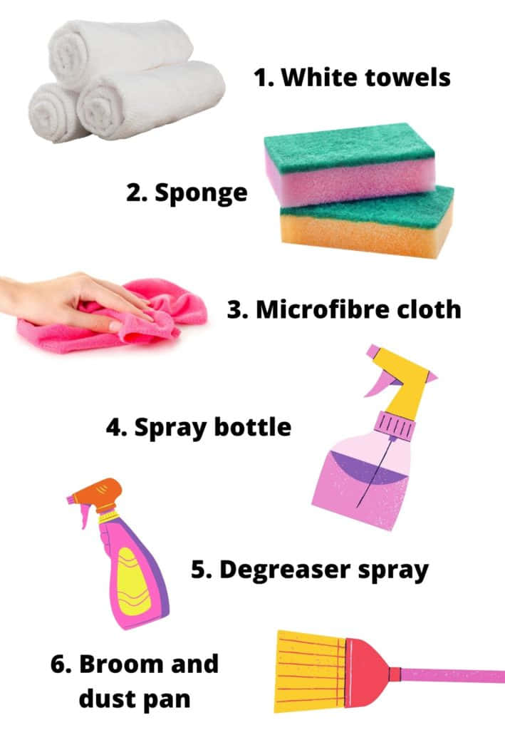Cleaning 桌布 壁紙 — 乾淨的白色背景顯示六個插圖清潔工具，包括毛巾、海綿、超細纖維布、噴霧瓶、除油劑和帶簸箕的掃帚。