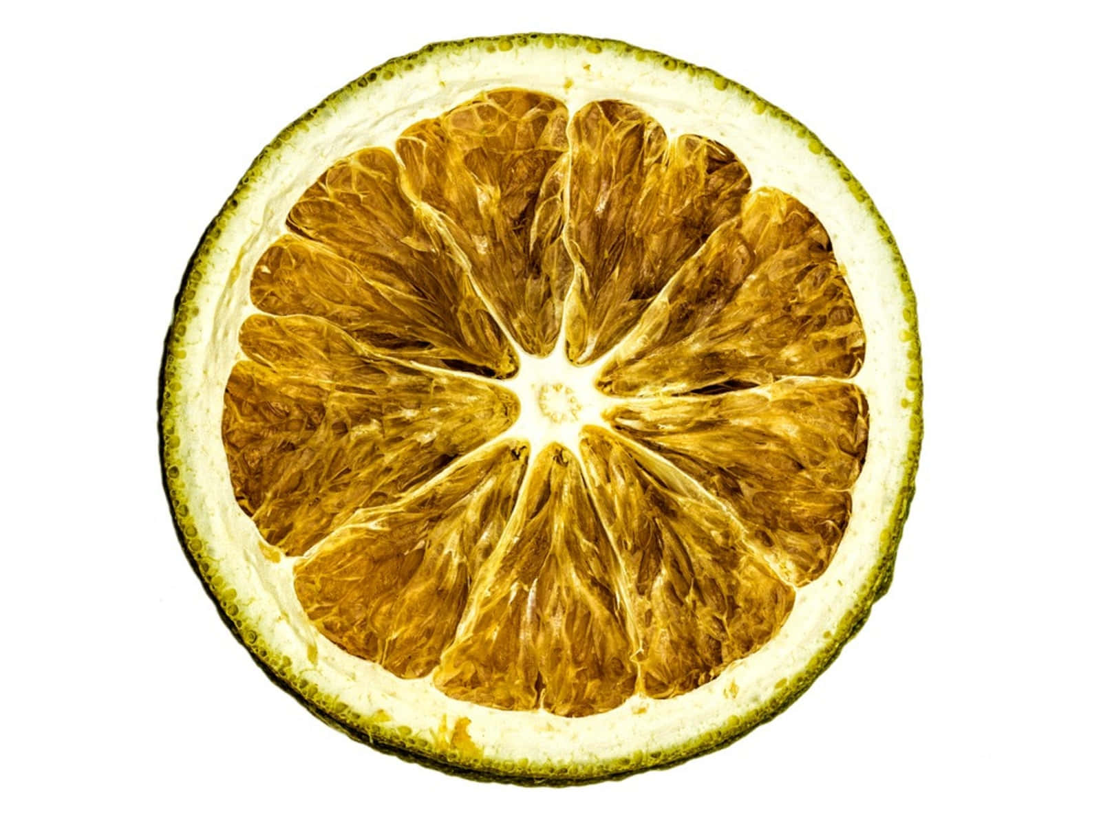 Lime 桌布 壁紙 — 乾燥柑橘片的特寫，在純白背景上展現出複雜的金色瓣膜。