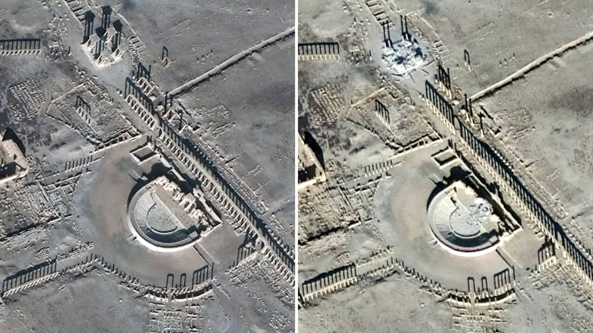沙漠中包括圓形圓形劇場在內的古代石造遺跡鳥瞰照片。 — 風景動畫 壁紙