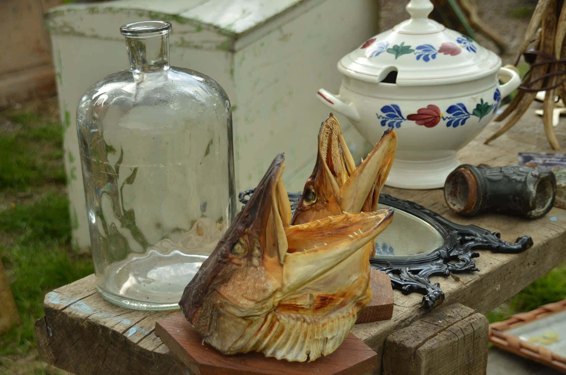 魚 桌布 壁紙 — 乾魚頭在花園環境中陳列在質樸的木桌上，旁邊有復古玻璃器皿和陶瓷器。